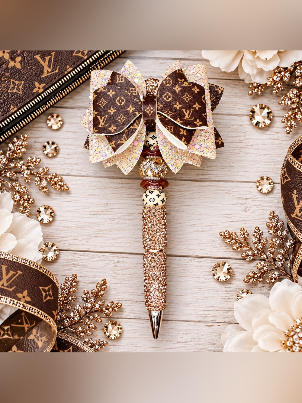 Fashion LV Brown Bow Rhinestone Beaded Twist Pen